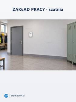 Zamykana gablota magnetyczna do wnętrz 1×A4 P402x1 w szatni zakładu pracy, obok drzwi i metalowych szafek