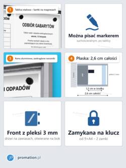Cechy gabloty P402x3: stalowe tło na magnesy i marker, front z pleksi 3 mm na bok, zaokrąglone narożniki, 2,6 cm głębokości, zamek