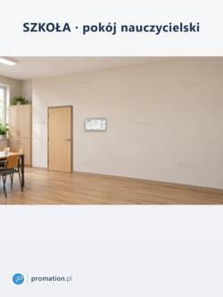 Zamykana gablota magnetyczna do wnętrz 3×A4 P402x3 w pokoju nauczycielskim obok drewnianych drzwi, szafek i stołu z krzesłami