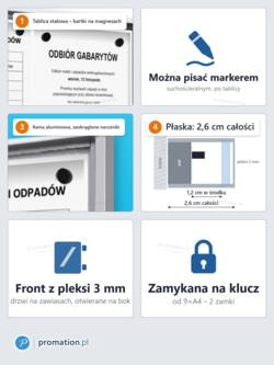 Cechy gabloty P402x8: stalowe tło na magnesy i marker, front z pleksi 3 mm na bok, zaokrąglone narożniki, 2,6 cm głębokości, zamek