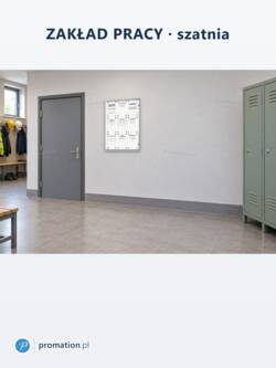 Zamykana gablota magnetyczna do wnętrz 9×A4 P402x9 w szatni zakładu pracy, obok drzwi i metalowych szafek