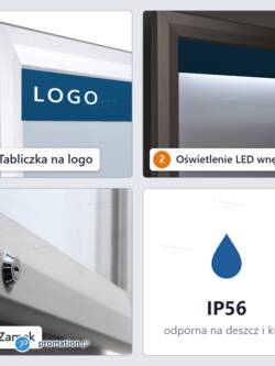 Zbliżenia gabloty P405Lx4: stalowa tabliczka na napis, srebrny profil aluminiowy, kartki na magnesach i oznaczenie IP56
