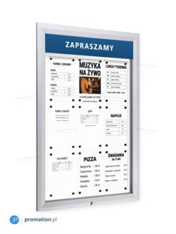 Srebrna gablota zewnętrzna P405Lx9 z dziewięcioma kartkami A4 za szkłem i przykładowym napisem ZAPRASZAMY na tabliczce u góry, widok pod kątem