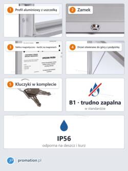 Zbliżenia gabloty P406x18: profil z uszczelką, zamek, kartki na magnesach, drzwi otwierane do góry, kluczyki, B1 i IP56