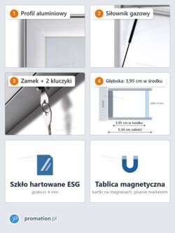 Cechy P407x9: profil aluminiowy, siłownik gazowy, zamek i 2 klucze, 3,95 cm w środku, szkło hartowane ESG 4 mm, tablica magnetyczna
