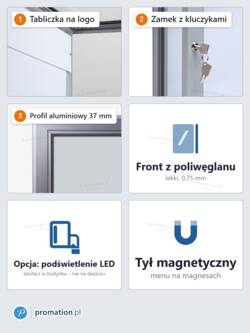Cechy P409x2P: tabliczka na logo, zamek, profil aluminiowy 37 mm, front z poliwęglanu, opcja LED, tył magnetyczny