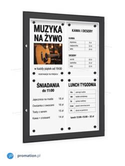 Czarna gablota na menu 4×A4 P410x4 z menu śniadań i lunchu na magnesach, widok z boku