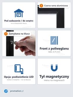 Cechy P410x4: do wnętrz i pod zadaszenie, czarna rama, zamek, front z poliwęglanu, opcja LED, tył magnetyczny