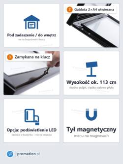 Cechy P412x2: do wnętrz i pod zadaszenie, skośna gablota 2×A4, zamek, ok. 113 cm wysokości, opcja LED