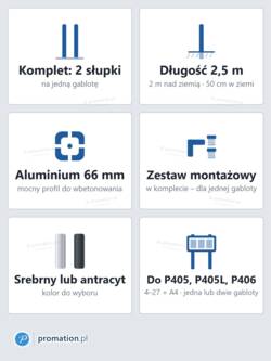 Cechy słupków do wbetonowania: komplet 2 szt., 2,5 m, aluminium 66 mm, zestaw montażowy, srebrny lub antracyt