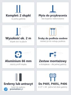 Cechy słupków z płytą: komplet 2 szt., płyta do przykręcenia, ok. 2 m, śruby do podłoża osobno, aluminium 66 mm