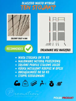 Infografika z cechami i sposobem składania metalowego stojaka z kratą