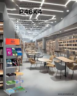 Srebrny regał na książki ustawiony w przestrzeni bibliotecznej