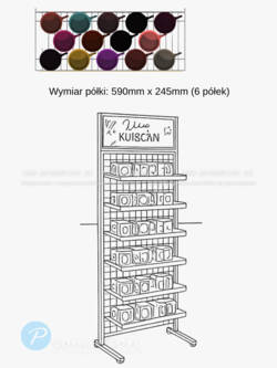 Szkic jednostronnego regału na kubki z wymiarami półki i układem produktów