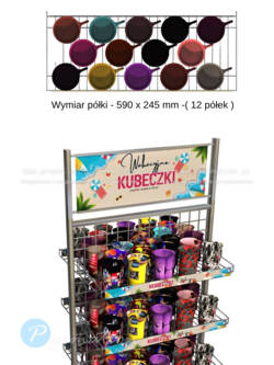Górna część dwustronnego stojaka oraz schemat rozmieszczenia kubków na półce