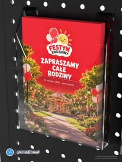 Ulotka A6 o festynie rodzinnym w kieszeni z przezroczystej pleksi stojaka P58A6, zbliżenie