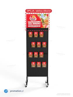 Stojak P58A6 z ulotkami A6 i opcjonalną tablicą dibond 60 × 37 cm z grafiką na górze, oznaczoną ramką OPCJA