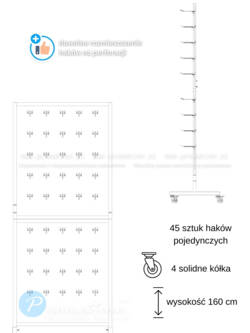 Schemat czarnego stojaka perforowanego z 45 pojedynczymi hakami