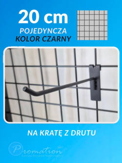 Czarny pojedynczy hak 20 cm do kraty ekspozycyjnej pokazany z wymiarami