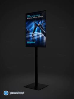 Podświetlony plakat A1 w ramie LED stojaka P98bA1 na ciemnym tle – grafika czytelna w słabym świetle