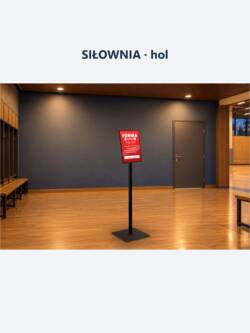 Siłownia, hol: podświetlany stojak na plakat A3 z ofertą karnetów przy wejściu do szatni
