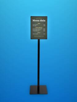 Czarny podświetlany stojak na menu i plakat A3 z ramą LED, na słupku ze stalową podstawą