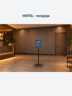 Hotel, recepcja: podświetlany stojak A3 z informacją dla gości o godzinach zameldowania i śniadania