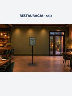 Restauracja, sala: podświetlany stojak z menu dnia A3 – menu czytelne także przy przyciemnionym świetle