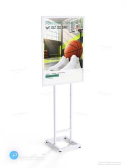 Biały stojak na plakat A1 P99wA1 w ujęciu trzy czwarte z lewej – pionowy plakat w ramie na dwóch nogach z prostokątną podstawą