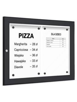 Czarna gablota na menu 2×A4 P410x2 z menu pizzy na magnesach, widok z boku