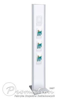 Wąski biały stojak z czterema przezroczystymi kieszeniami na ulotki DL