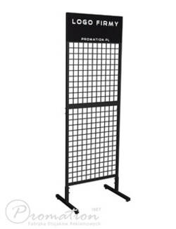 Czarny dwustronny stojak kratowy o szerokości 60 cm z panelem na logo