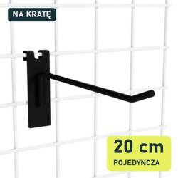 Czarny hak pojedynczy P901-k20 o długości 20 cm zawieszony na fragmencie kraty z drutu, widok pod kątem