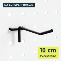 Czarny hak pojedynczy P901e-10 o długości 10 cm zawieszony na fragmencie czarnej blachy perforowanej, widok pod kątem