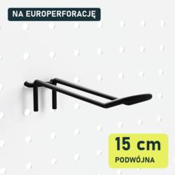 Czarny hak podwójny P902e-15 o długości 15 cm na fragmencie czarnej blachy z europerforacją, widok pod kątem