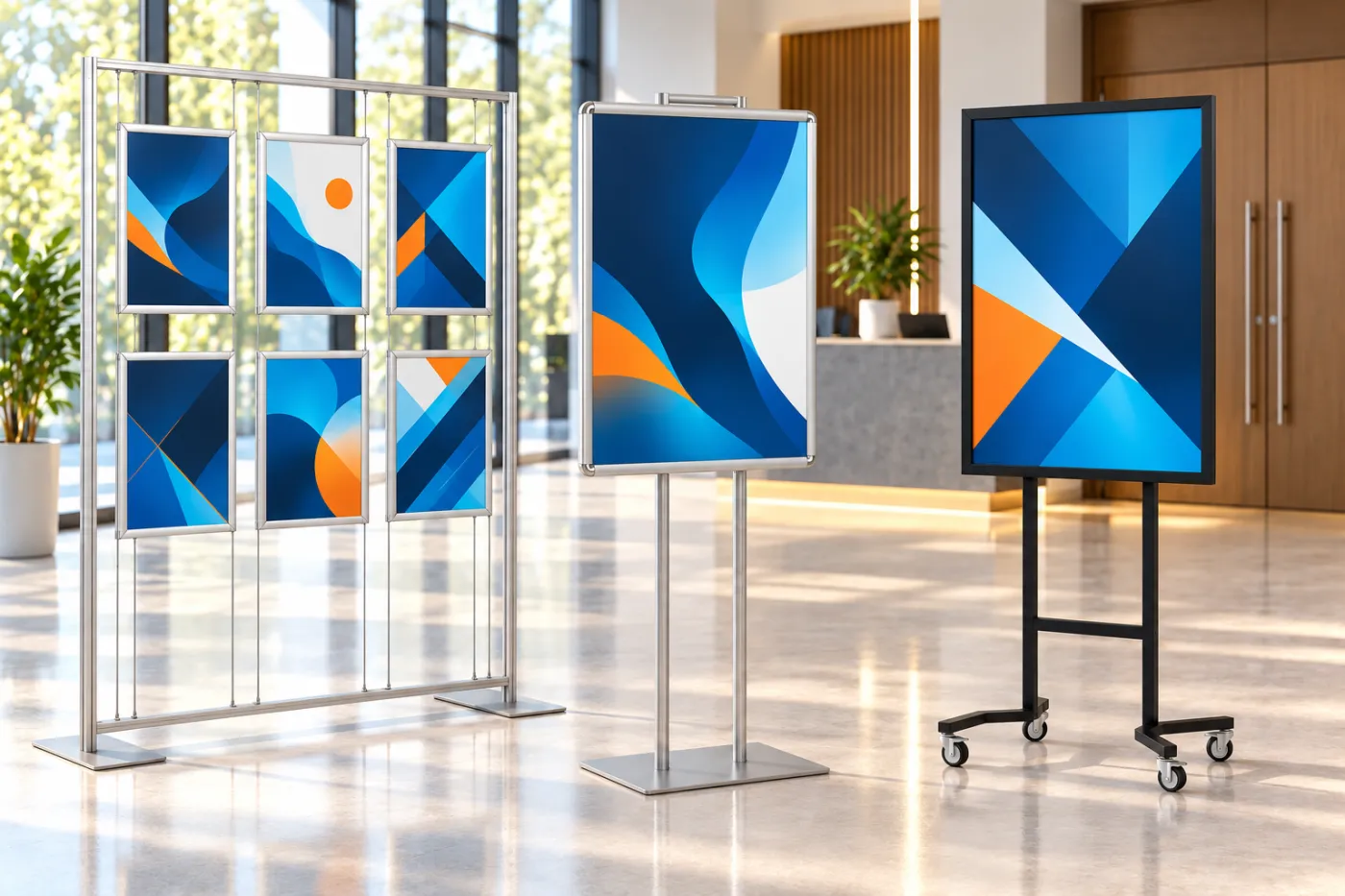 Przed salą konferencyjną stoją P571a3x6 z sześcioma ramkami A3 na linkach, srebrny P540c z plakatem B1 na dwóch słupkach oraz czarny P99bB1b z plakatem B1 na czterech kółkach.