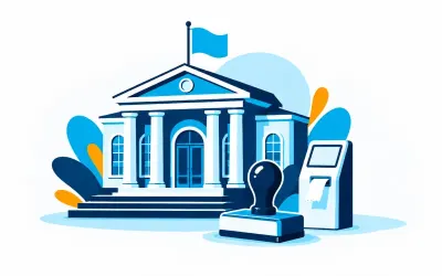 Ilustracja: budynek urzędu z flagą, pieczątka i automat z biletami kolejkowymi
