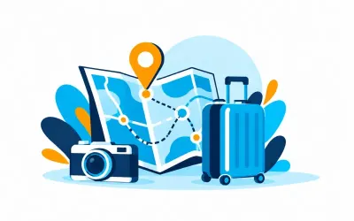 Ilustracja: mapa z zaznaczoną trasą, aparat fotograficzny i walizka