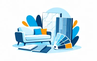 Ilustracja: sofa, próbki płytek i paneli oraz wzornik kolorów
