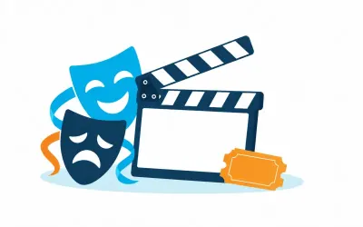 Ilustracja: maski teatralne, klaps filmowy i bilet wstępu