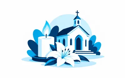 Ilustracja: kościół, zapalony znicz i biała lilia