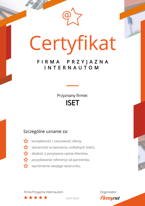 Certyfikat Firma Przyjazna Internautom 2020 przyznany firmie ISET