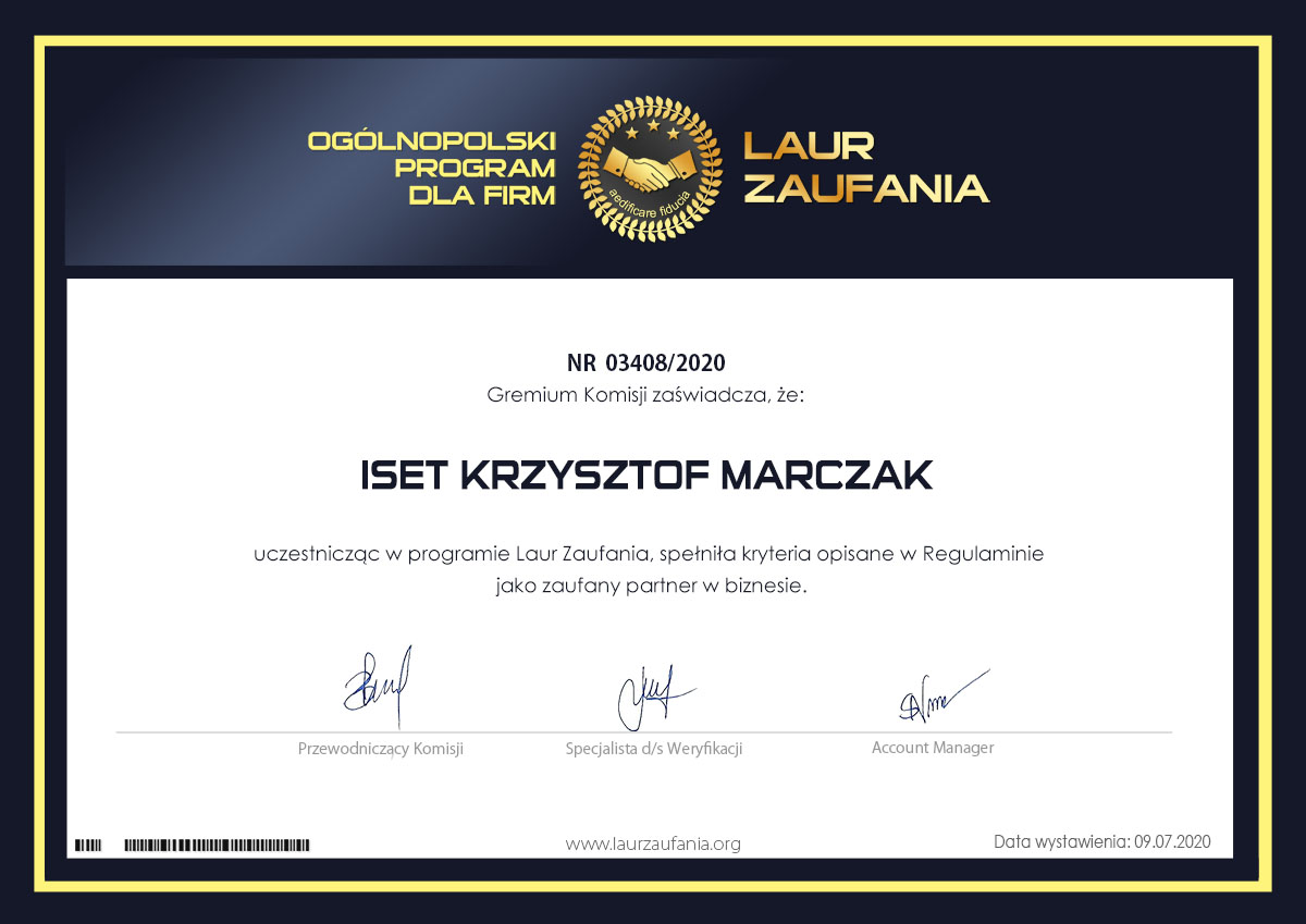 Certyfikat Laur Zaufania 2020 dla ISET Krzysztof Marczak – zaufany partner w biznesie