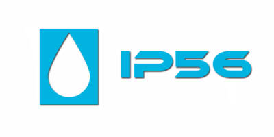 Symbol IP56 informujący o ochronie przed pyłem oraz silnymi strumieniami wody z dowolnego kierunku